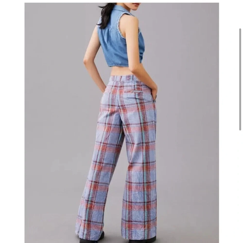 By Anthropologie - Plaid Wide Leg Pants Blue Burgundy - Picture 3 of 9